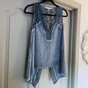 Boho Lace Handkerchief Hem Tank Festival Anthropologie Style Chambray Blue S